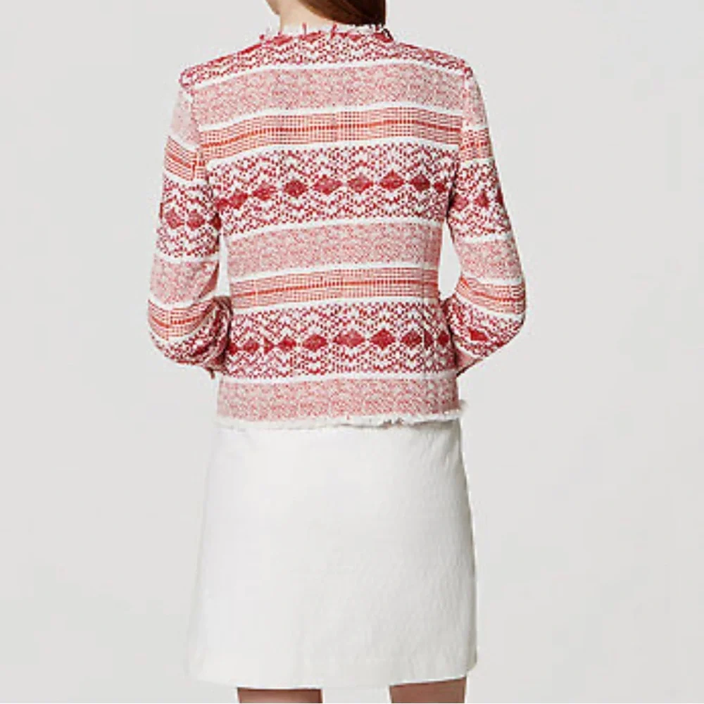 Ann Taylor LOFT Multi Pattern Textured Fringe Boho Open Blazer - Picture 8 of 8
